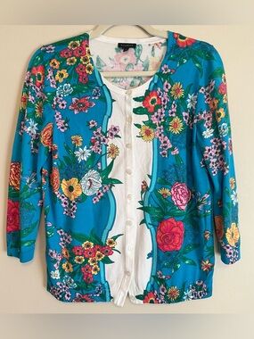 Talbots Bright White & Teal Floral Cardigan